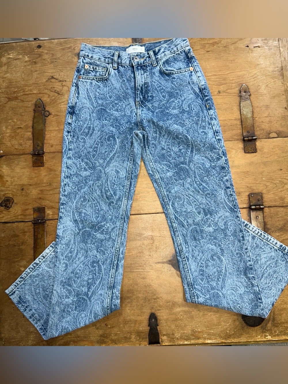 MNG Mango Women’s Paisley Print Straight Leg Jeans Size 2 High Rise Blue Denim - Picture 10 of 11